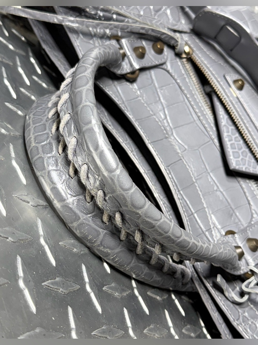 Balenciaga Croc Embossed Moto Medium City Bag in Grey - Picture 7 of 10
